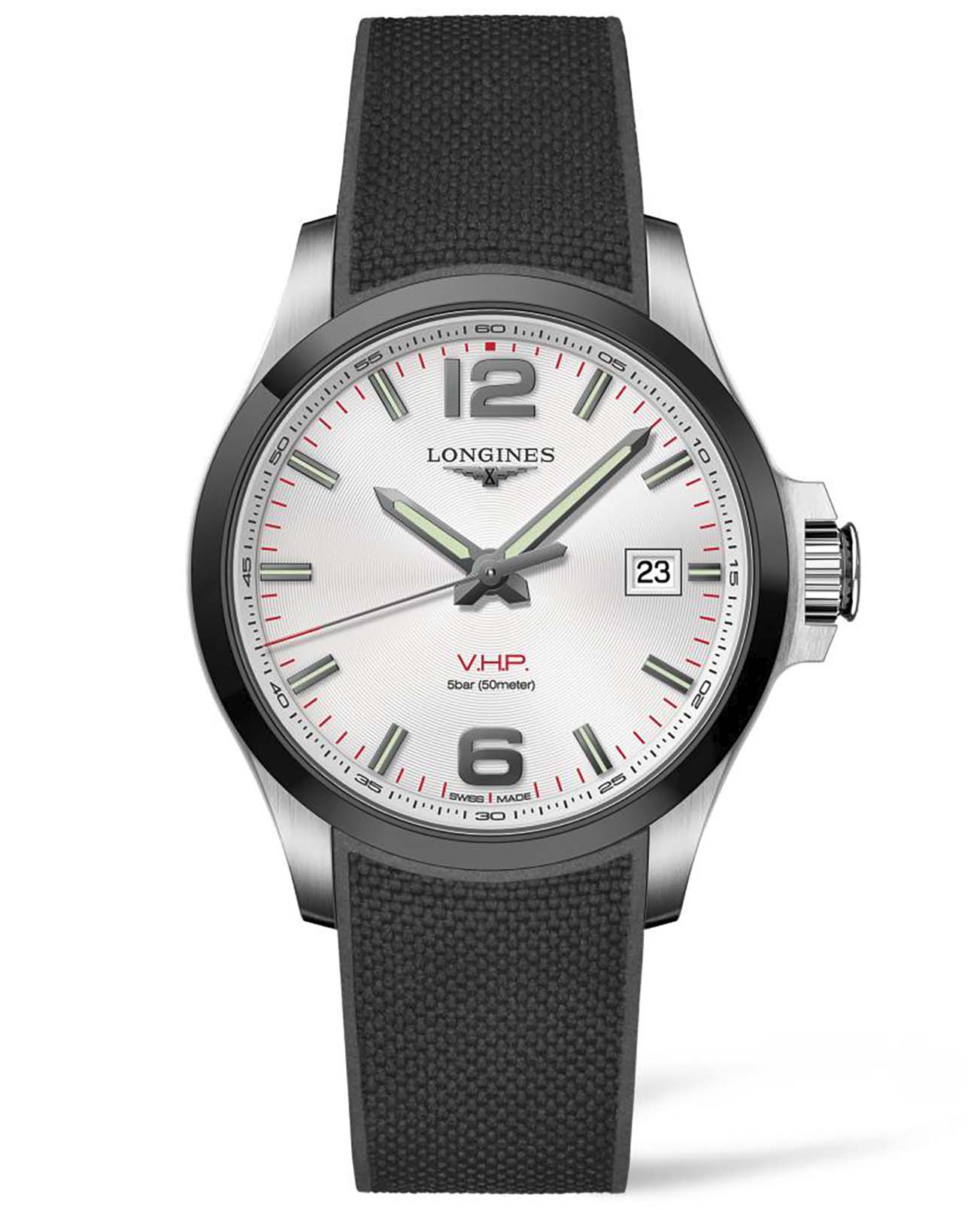 Longines Longines Conquest V.H.P. L3.729.4.76.9  L37294769 кварцевые мужские часы серебристый циферблат, браслет каучук — вид спереди